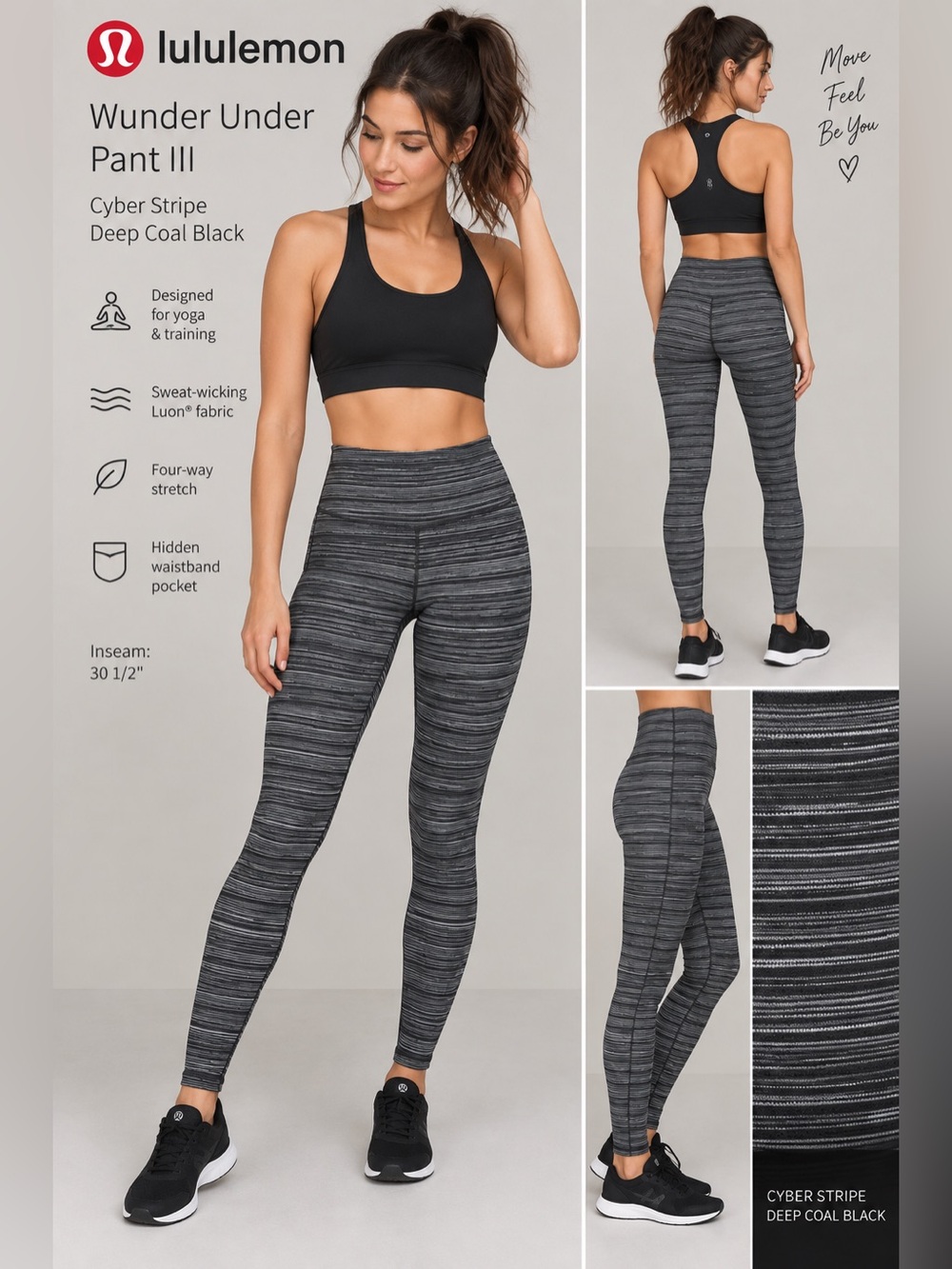 Lululemon | Wunder Under Pant III | Cyber Stripe | Deep Coal Black | Size 6